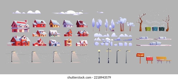 Winter city constructor set of houses, street lighting lanterns, trees and bushes, waste containers, bench, for sale signs covered with snow, clouds. Cartoon town design elements vector illustration