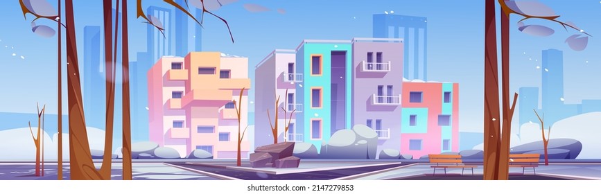 Winter City District, Outdoor Cityscape Dwelling Territory With Modern Houses Architecture, Park Area At Front Yard With Asphalted Paves, Snow, Bare Trees, Bench And Rocks Cartoon Vector Illustration