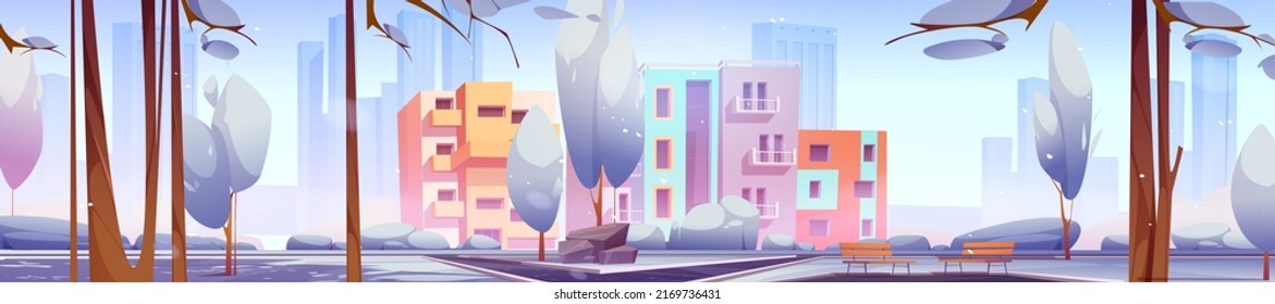 Winter City District, Outdoor Cityscape Dwelling Territory With Modern Houses Architecture, Park Area At Front Yard With Asphalted Paves, Snow, Bare Trees, Bench And Rocks Cartoon Vector Illustration