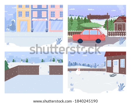 Winter city flat color vector illustration set. Christmas tree farm. Ice skating rink. House yard with snowman. Closed shops. Snowy 2D cartoon cityscape with snowy town on background collection