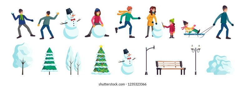 Winter city flat elements set with people skating snowballs fight family making snowman christmas tree vector illustration