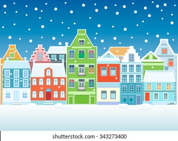 Winter city flat landscape. Colored vector illustration