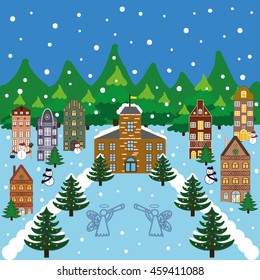 Winter city flat landscape. Colored vector illustration