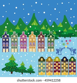 Winter city flat landscape. Colored vector illustration