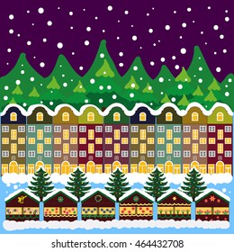 Winter city flat landscape. Colored vector illustration