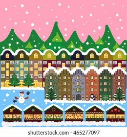 Winter city flat landscape. Colored vector illustration
