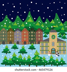 Winter city flat landscape. Colored vector illustration