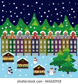 Winter city flat landscape. Colored vector illustration