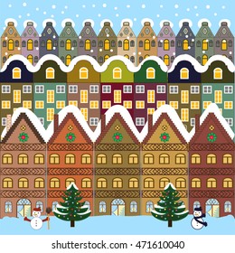 Winter city flat landscape. Colored vector illustration