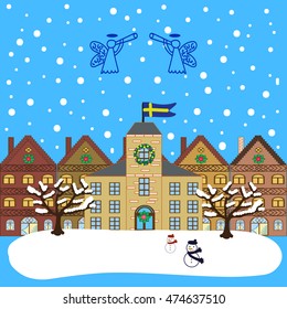 Winter city flat landscape. Colored vector illustration. Sweden. Swedish Flag.