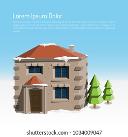 Winter city flat landscape with a huge house and two Christmas trees. Colored vector illustration.
