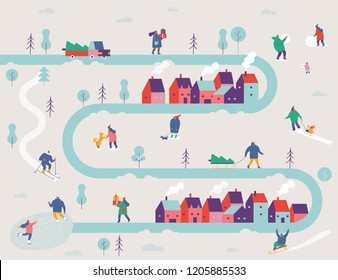 Winter in the city flat vector illustration. Season background people characters. Winter outdoor activities.