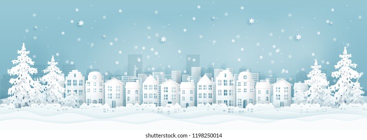 Winter city with houses, buildings and Christmas tree, Christmas card in paper cut style vector illustration