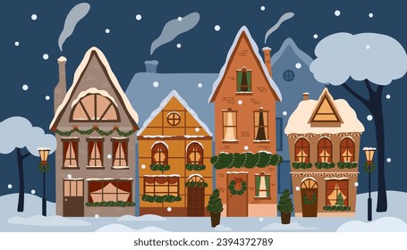 Winter city with houses in snow, decorated for Christmas. Street of European house building with Christmas decoration on facade. Winter holiday. European cityscape panorama. Flat vector illustration