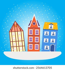 Winter city with houses, winter in the city, houses in the snow, old houses in winter, winter landscape, urban landscape, scandinavian buildings, half-timbered, german, colorful houses