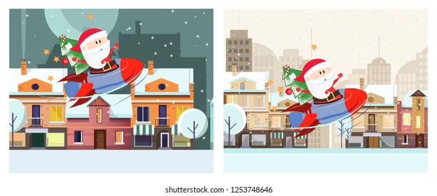 Winter city illustration design. Two illustration of Santa Claus sitting in space ship on background with winter city landscape. Can be used for postcards, invitations, greeting cards