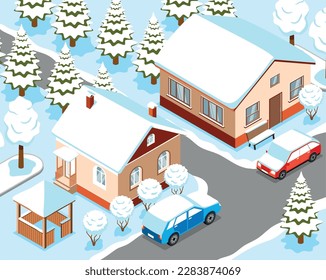 Fragmento isométrico de la ciudad de invierno con casas de abetos y arbustos de coches cubiertos en ilustración vectorial de nieve