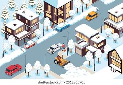 Winter city isometric fragment with houses cars and snow removal equipment on snow covered streets vector illustration