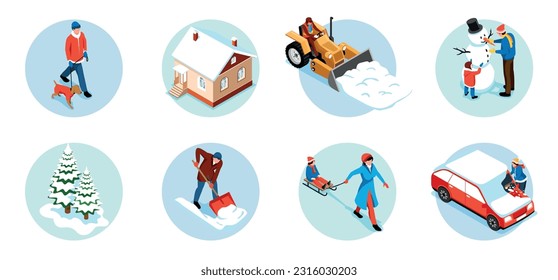 Composiciones redondeadas isométricas de la ciudad de invierno con la familia de arados de nieve esculpiendo casas cubiertas de nieve y coches aislados ilustración vectorial