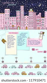Winter City Journal: Hand-drawn urban background, with sleepy city buildings at night, during the snowfall, street lights, cars on highway, snowman, sleds and sticky notes copyspace, separate layers