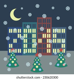 Winter city landscape with buildings, Christmas tree, 2015, snowflakes and moon. Vector illustration in flat design style.