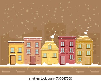 Winter city landscape by night in flat design style