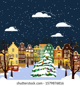 Winter city landscape. Christmas Eve night. Snowflakes in the night sky. Christmas winter night scene.