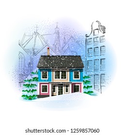Winter city landscape. Christmas and New Year illustration. Vintage style.