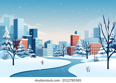 Winter city landscape. Winter cityscape with beautiful buildings in snowy weather. Business district of the city in the winter season. Skyscrapers and office buildings, park with trees and snowdrift.