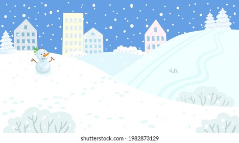 Winter city landscape. Empty park with snow, houses, hills and a snowman. Banner in cartoon style. On a blue background. Vector flat illustration