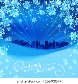 Winter City Landscape framed by Snowflakes