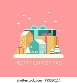 Winter city landscape with gift boxes. Merry Christmas and happy new year concept illustration in simple flat style.  Cityscape.