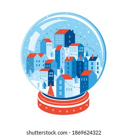 Winter city landscape inside a Christmas glass ball. Xmas Snowball with trees and cozy house in geometric style. New year city with festive garlands on a hill among snowdrifts. Vector illustration