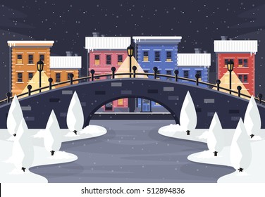 Winter City Landscape At Night. Flat Design Style. 