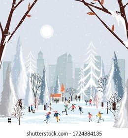 Winter city landscape on Christmas with Happy crowd people celebrating in the park at night, Cartoon greeting card Winter background with snowing, kids having fun playing outdoors in New year 2023