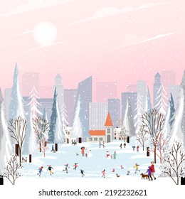 Winter city landscape on Christmas with Happy crowd people celebrating in the park at night, Cartoon greeting card Winter background with snowing, kids having fun playing outdoors in New year 2023