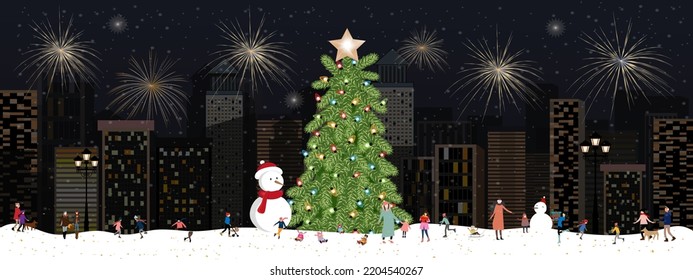 Winter city landscape people celebrating on Christmas night or New year,Vector horizontal banner winter wonderland with firework on daek sky in the town with happy kids playing in the park 
