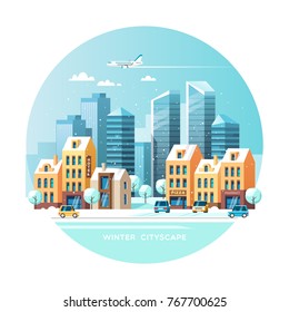 Winter city. Winter landscape with a road, houses and modern skyscrapers. Vector illustration.