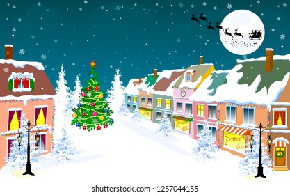 Winter city landscape. Santa Claus on his sleigh on the background of the moon. City street in winter. The houses are covered with snow. Snow on a city street. Snow-covered city.