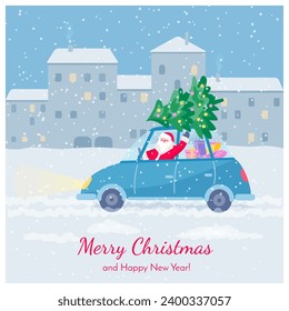 Winter city landscape with Santa Claus driving retro car with Christmas tree and presents. Vector color illustration in flat style.