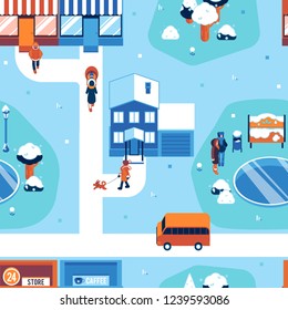 Winter city landscape seamless pattern vector illustration in flat style. Above view on people in warm clothes walking on snowy street with houses and trees - seasonal urban backdrop.