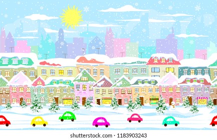 Winter city landscape, seamless. City street in winter. The houses are covered with snow. Snow on a city street. Snow-covered city.                                                                   
