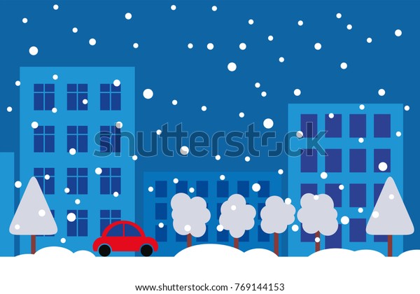 Winter\
city landscape with snow and houses and a\
car.