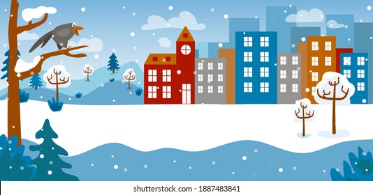 Winter city landscape. Snow. Trees in the snow and Christmas trees. A city of high-rise buildings. Church. A crow on a tree. Snowing. Clouds. Location. Panorama. Flat. Vector stock illustration.