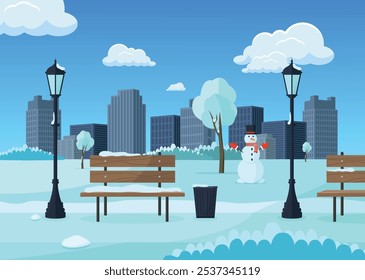 Winter city landscape with snowman and bench. Vector illustration in flat style.