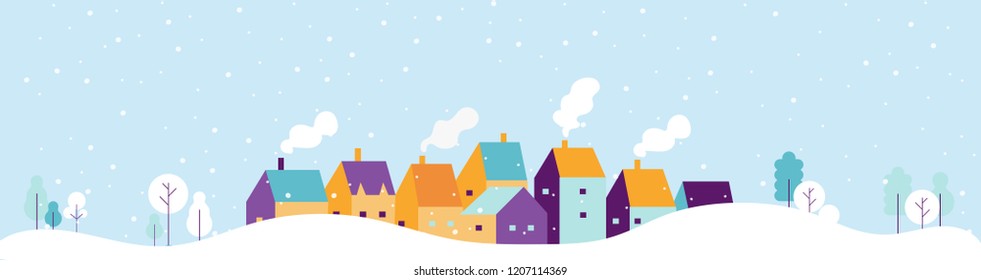 Winter city landscape. Snowy city background. Flat vector illustration.