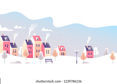 Winter city landscape. Snowy street in small town. Vector illustration.