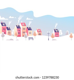 Winter city landscape. Snowy street in small town. Vector illustration with a field for your text.