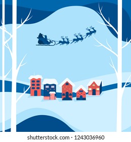 Winter city landscape snowy street and winter holiday. Santa claus flying with reindeer sleigh over a city. Cartoon Vector Illustration.