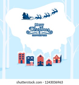 Winter city landscape snowy street and winter holiday. Santa claus flying with reindeer sleigh over a city. Cartoon Vector Illustration.